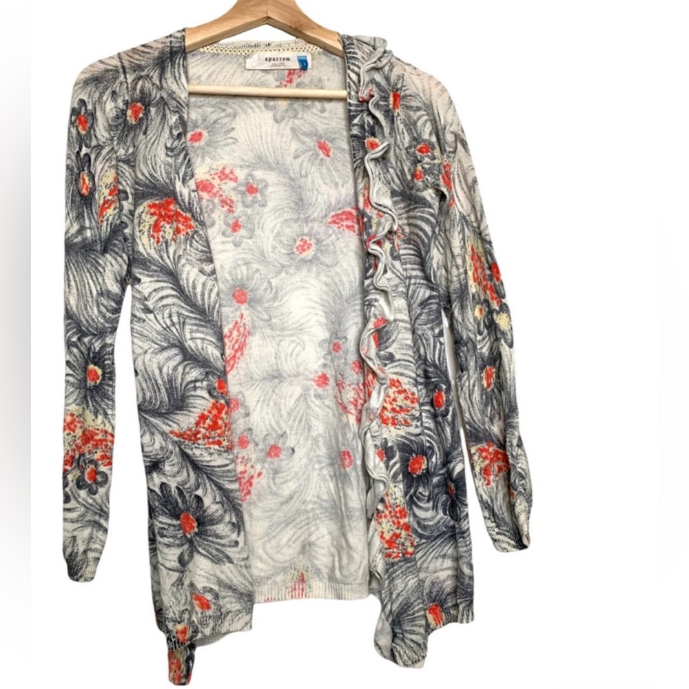 Anthropologie Sparrow Women's Cardigan - Gray with Red Floral Design